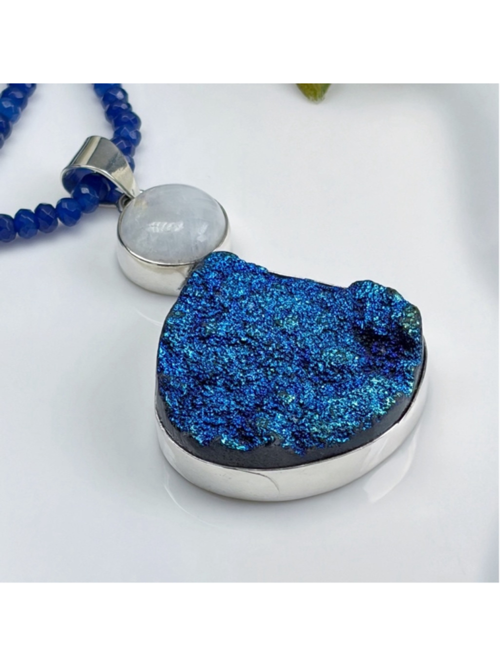 Genuine Titanium Druzy Quartz Moonstone Pendant Necklace Jewelry Set Lot 925 - Picture 9 of 11